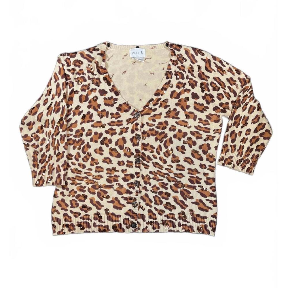 Just B Leopard Print Button-Up Cardigan With Sequin Accents- Size XL